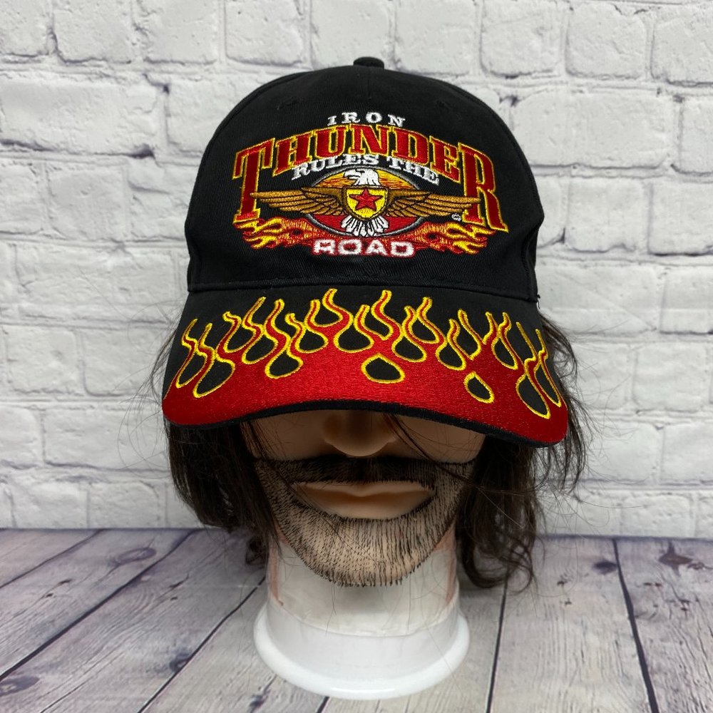 Biker Hat Cap Strap Back Black Iron Thunder Rules The Road Embroidered Flames